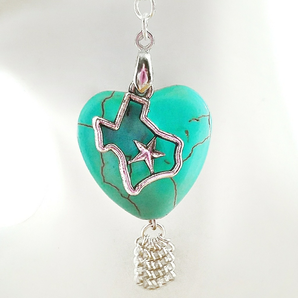 Turquoise Silver Texas Heart Charm Tassle Earrings